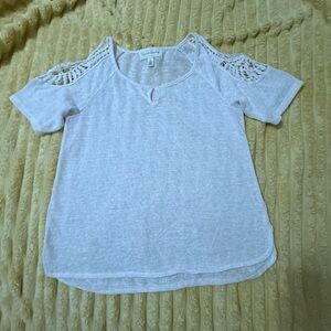 French Laundry White Crochet Sleeve Top cold shoulder blouse round neck XL